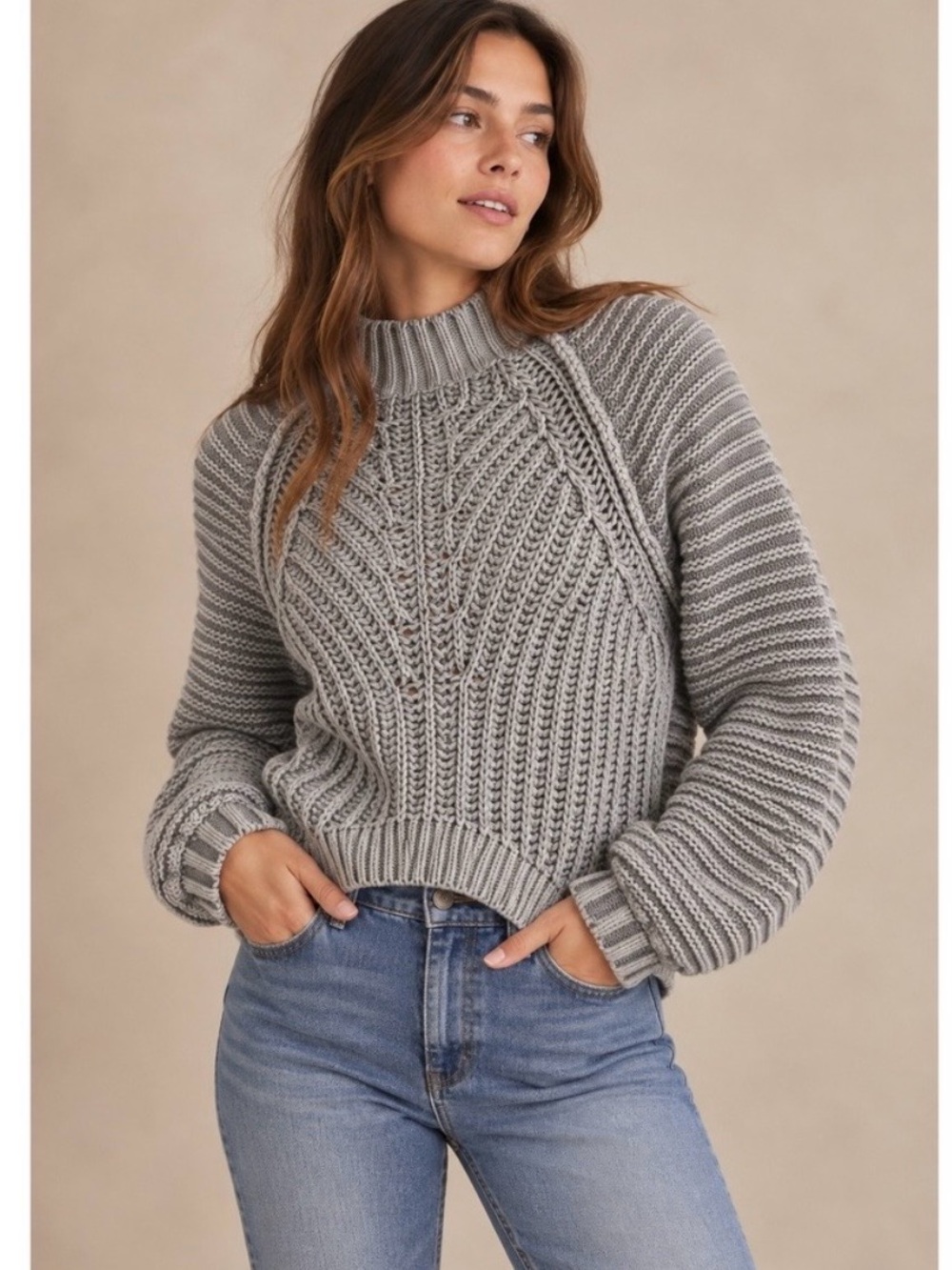 Free People Cable Knit Cropped Balloon Sleeve Sweater